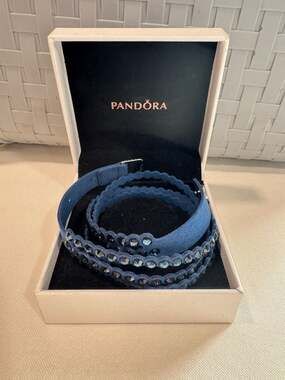 Pandora Blue Crystal Wrap Bracelet Leather Swarovski Crystals Layered NIB
